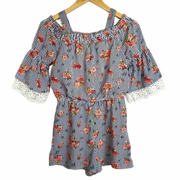 My Michelle Blue and White Striped Floral Romper - Picture 1 of 13